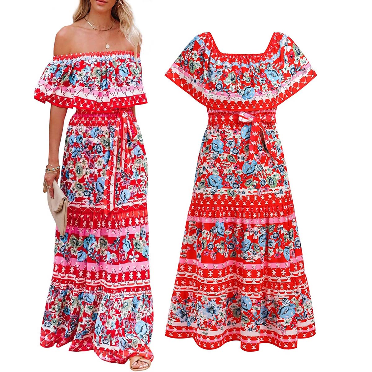 Mexican Traditional Ethnic Mexican Cinco De Mayo Summer Floral Print Off Shoulder Women Mexican Dress: M / Beige