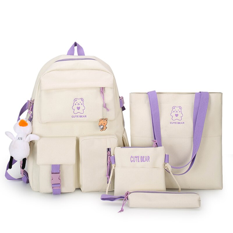 4 unids/set de lona mochilas para mujeres bolsas para la Escuela de las niñas adolescentes bolsas los estudiantes nuevos viajes mochilas para mujer mochila: White and purple / Only backpack