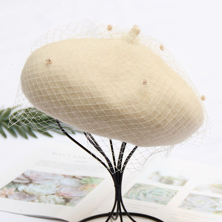 Boina de malla para mujer, gorro de pintor Camel, gorros Vintage con velo, gorro de invierno suave para artista francés, boina: beige