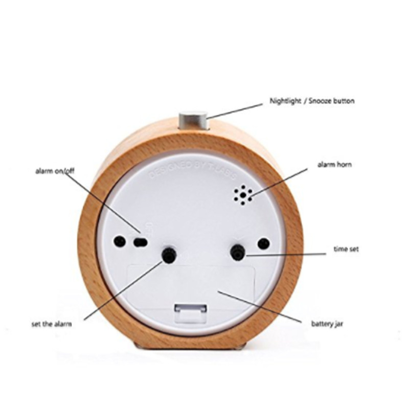 Handmade Classic Small Round Wood Silent Desk Alarm Clock With Desk Lamp Light For Home Decoration