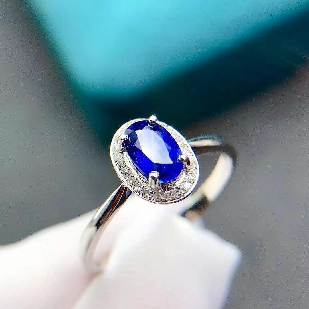 Anillo de GEMA de zafiro azul para mujer, joyería auténtica de plata 925 ovalada, buena gema, de , piedra de nacimiento