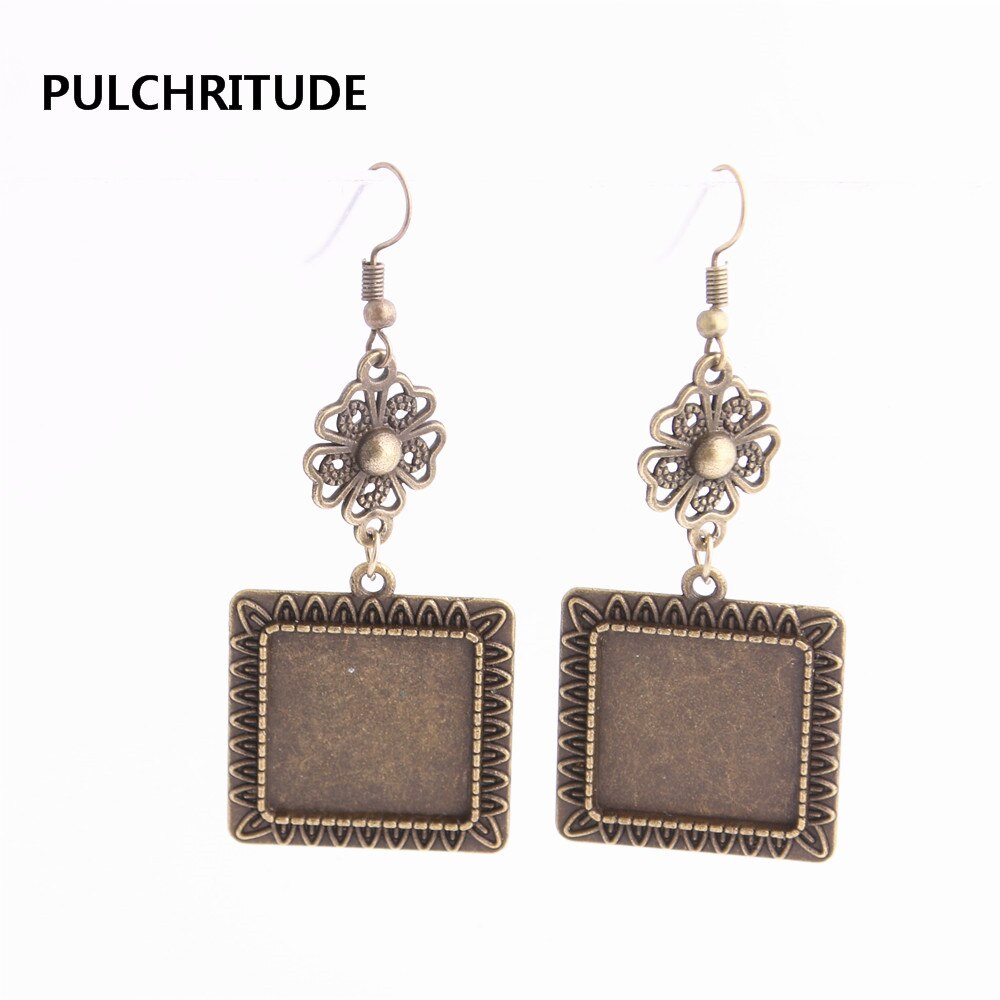 PULCHRITUDE 12pcs/lot Metal Alloy Zinc Flower Connector Fit Square 20mm Cabochon Set Pendant Earing Jewelry Making C0800