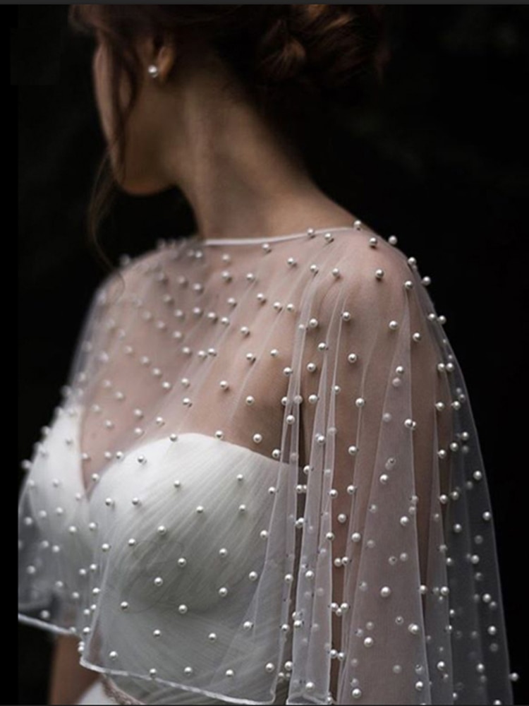 Perlen Hochzeit Bolero Braut Mantel Elfenbein Hochzeit Kap kurze vordere lange zurück Frauen wickeln Kap Abend wickeln Schal