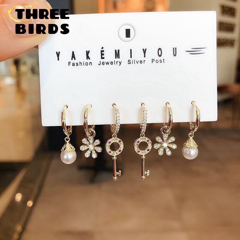 Pearl And Key And Flower Sets Hoop Earrings Sets For Women Gold Color 6-piece Earring Jewellery Accessories