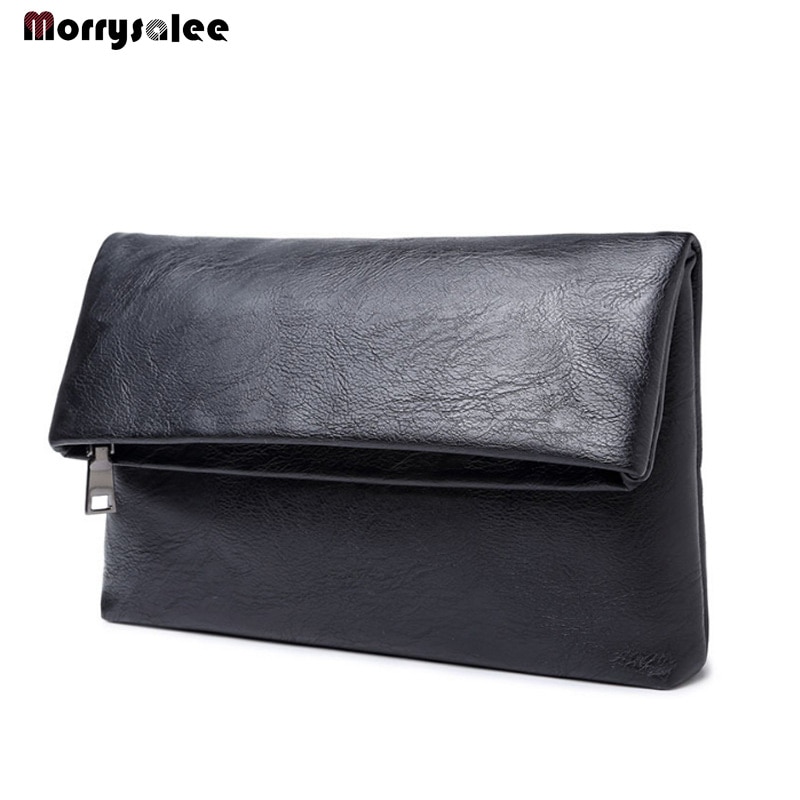 Bolso de mano de cuero negro para hombre, cartera de negocios, sencillo, de gran capacidad, plegable