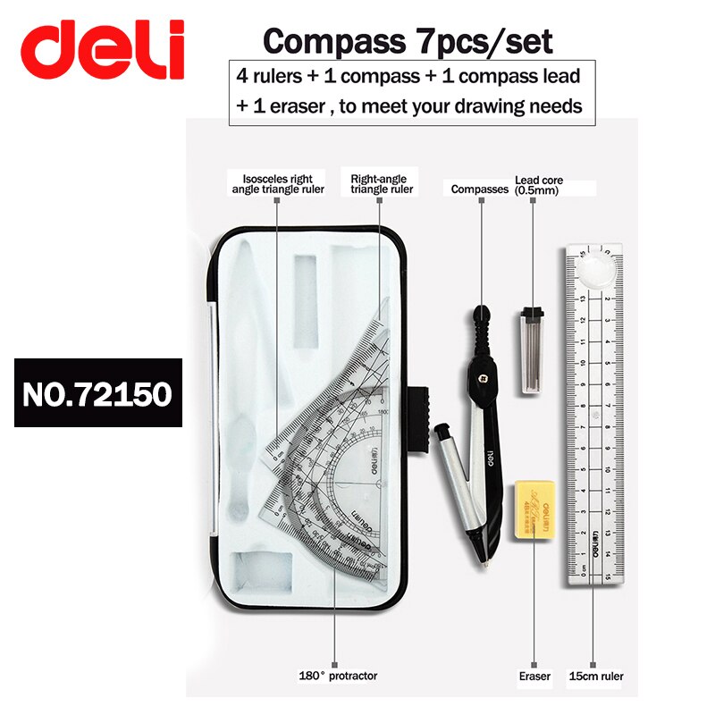 DELI – ensemble de géométrie boussole, 7/8 pièces, modèle de dessin de cercle, rapporteur de carrés en métal et plastique, règle de géométrie mathématique: NO.72150-7pcs-set