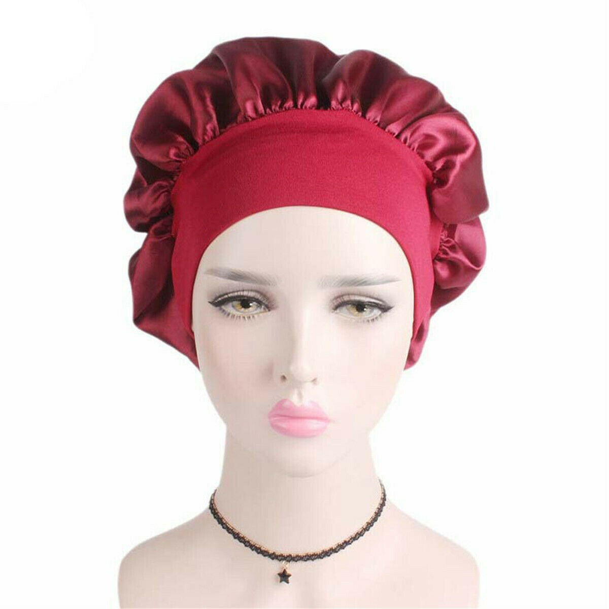 Silk Satin Night Sleep Cap Hair Bonnet Hat Head Cover Wide Band Adjust Elastic Hats For Household Fashionable Pure Supplies: Red