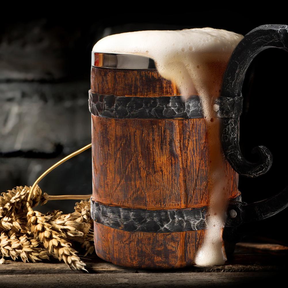 500ml Viking Wood style Beer Mug as Christmas Simulation Wooden Barrel Beer Cup Double Wall Drinking Mug Metal Insulated