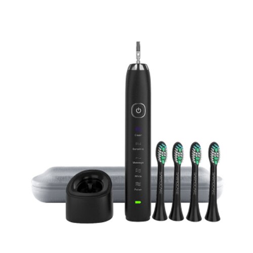 Sarmocare S100 Ultrasonic Sonic Electric Toothbrush LED indicator toothbrushes IPX7 Waterproof 5 models Wireless rechargeable: black and 4 heads