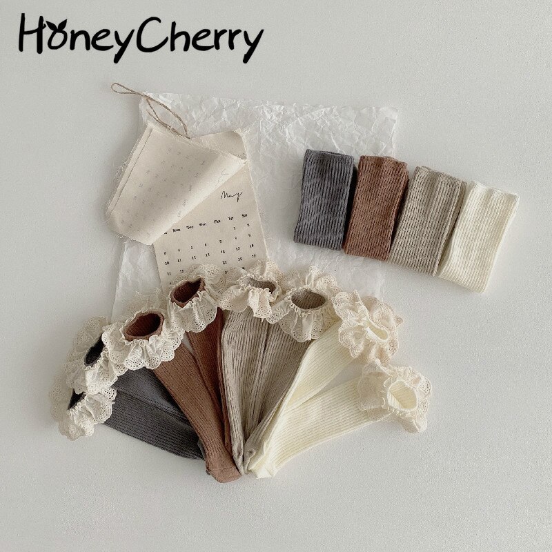 HoneyCherry Baby Socken Neue Herbst kinder Spitze Einfarbig 4 Pairs Pack Ohne Ferse Socken Baby Mädchen Kleidung