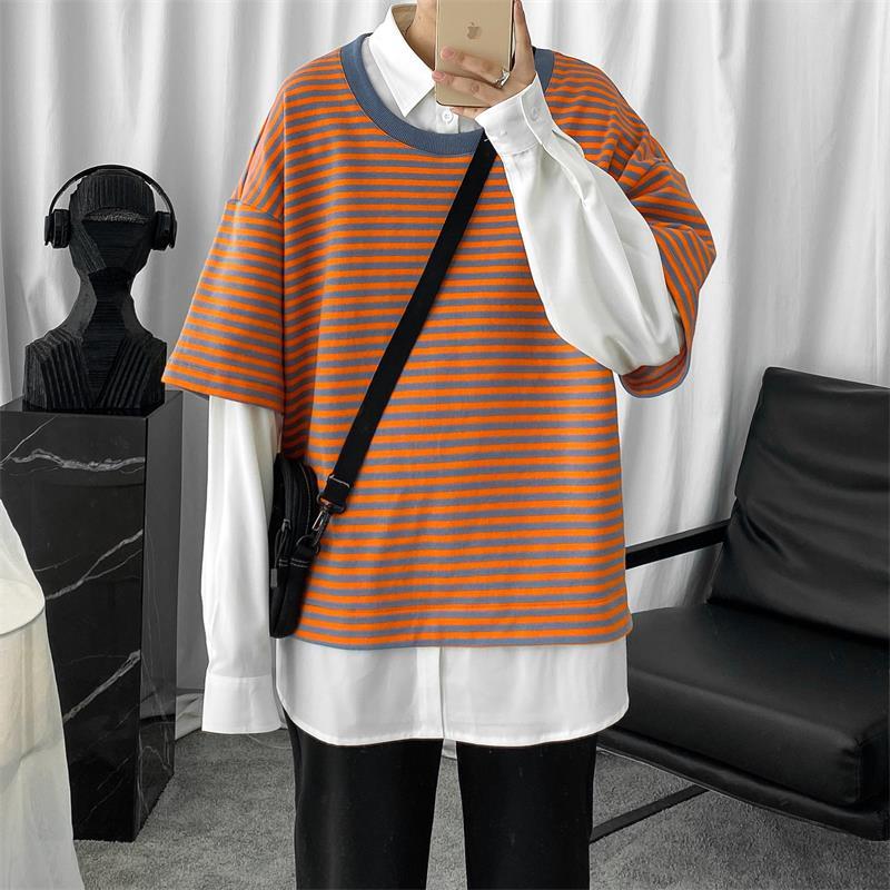 Hommes orthographe couleur rayure manteaux faux deux pièces Patchwork chemise hawaïenne manchette française hommes chemises Camisa Masculina: orange / XL
