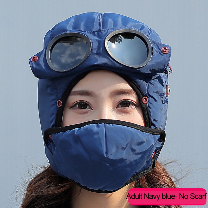 Warm Winter Wind Stopper Face Hats Outdoor Ski Masks Bike Cyling Beanies waterproof hood hat with glasses cool balaclava: Adult Navy blue