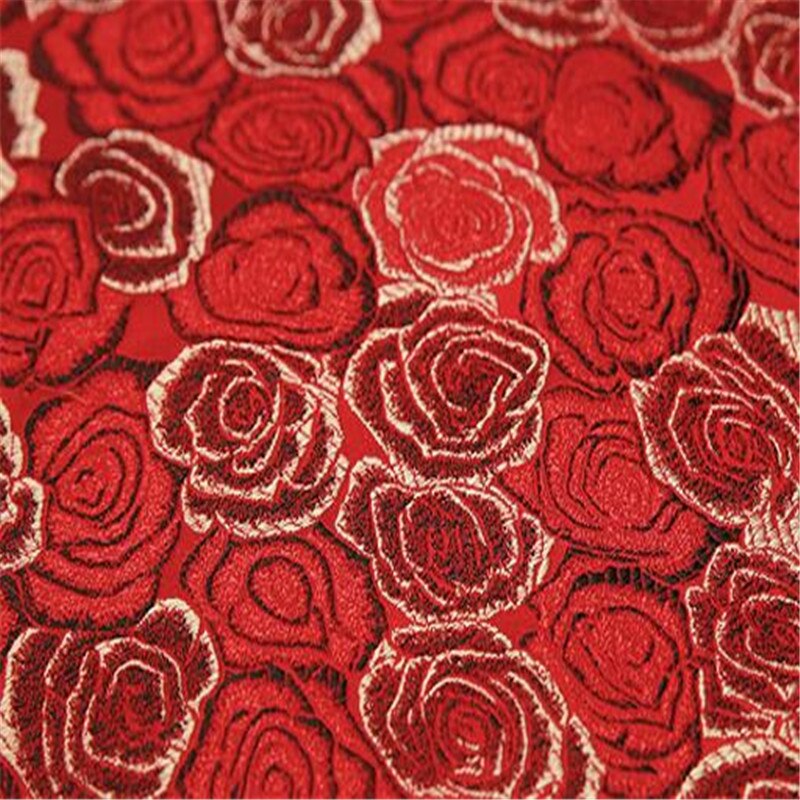 Tela de brocado de poliéster con de rosas rojas, tejido de Jacquard con estampado Floral para vestidos de novia y boda