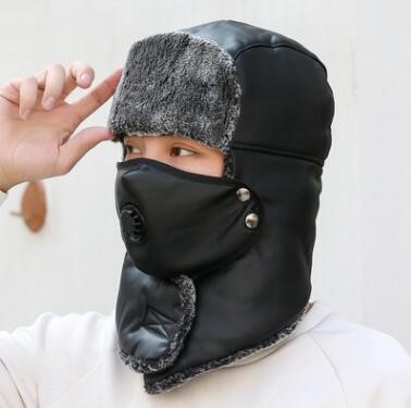 Chapeaux de bombardier thermiques en cuir pour hommes et femmes, Protection des oreilles, casquette de Ski, Protection du cou épaisse en velours pour vieil homme, hiver: Black