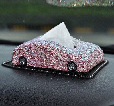 Bilform fuld krystal rhinestones tissue box instrumentbræt blok papirhåndklæde serviet cover holder til bmw kvinder piger tilbehør: Lyserød