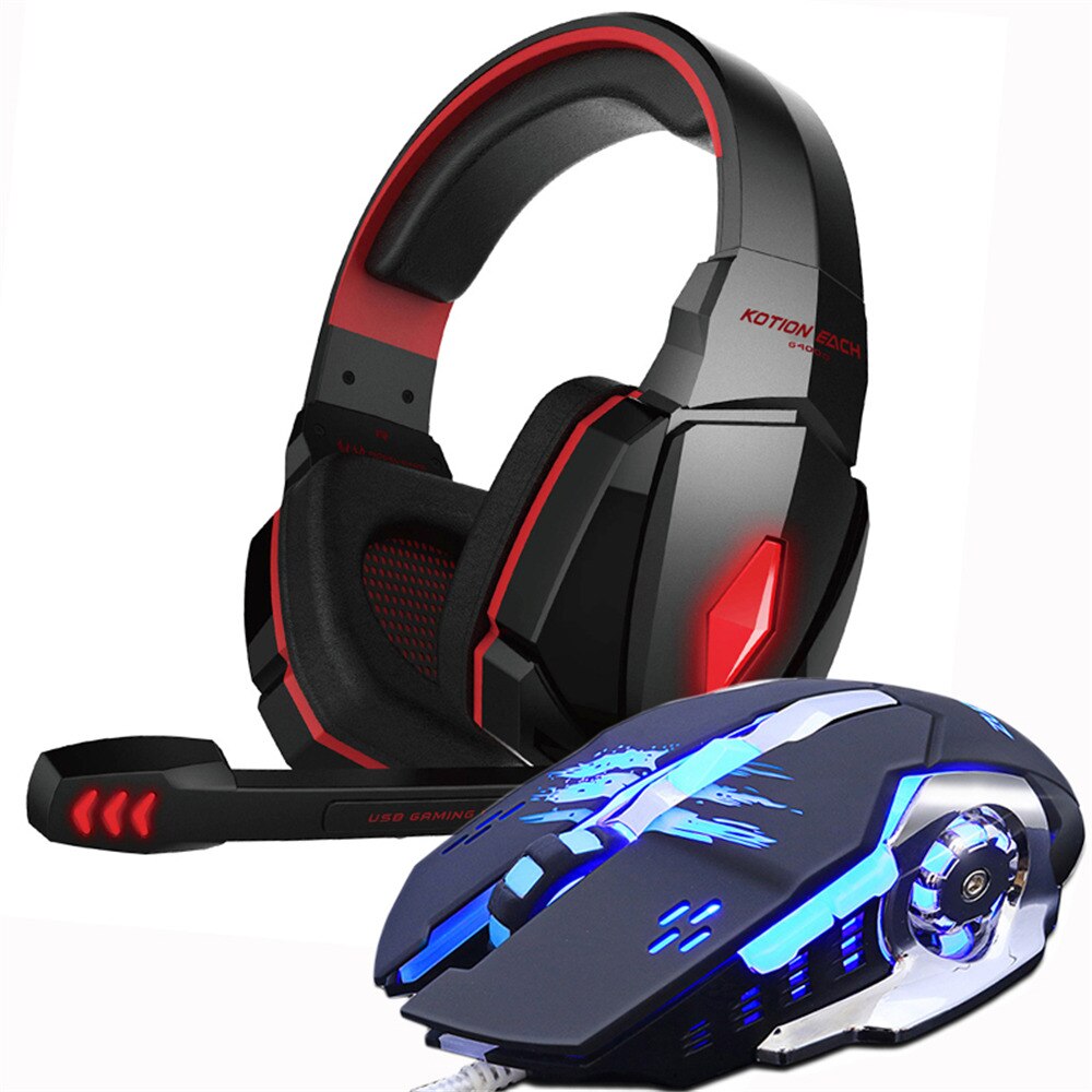 Gaming Headset Casque Headphones Deep Bass Stereo Earphones with Microphone +Gaming Mouse Mice 3200 DPI combination LED Lights: G4000 red and mouse