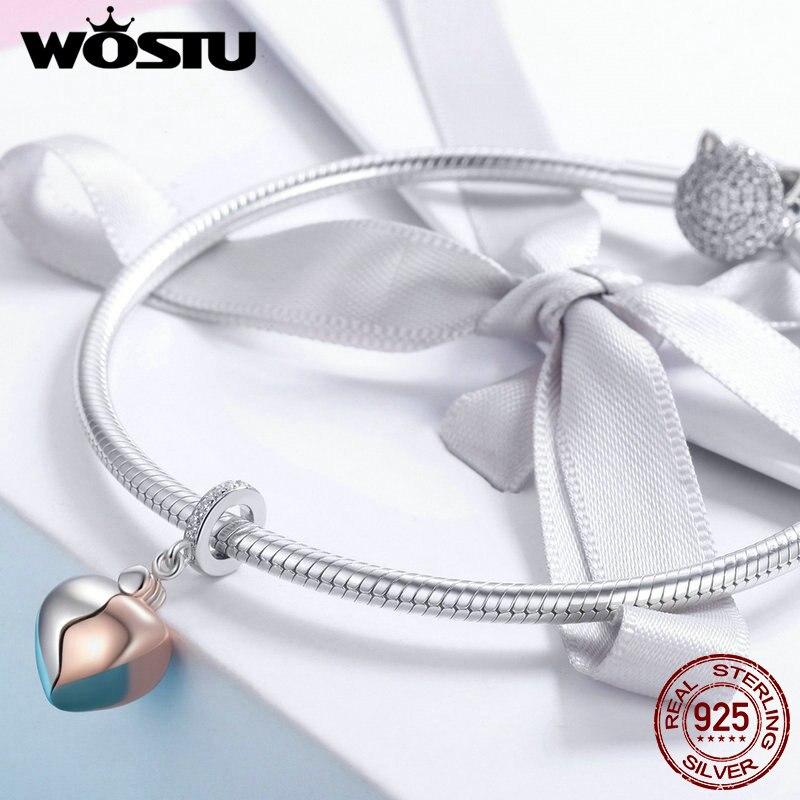 WOSTU Reine 925 Sterling Silber Open Heart Rose Gold Key Charme Perlen Fit Armband Halskette DIY Schmuck FIC844