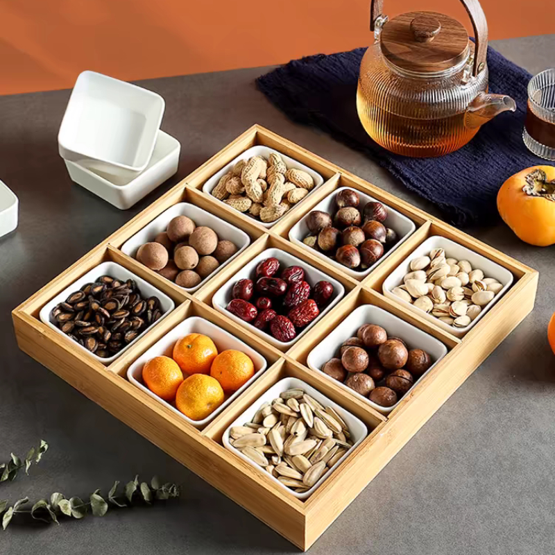Bamboo Tray Dried Fruit Snacks Fruit Dessert Sushi Plate Pot Compartment Container Tea Table Snacks Dinner Plate