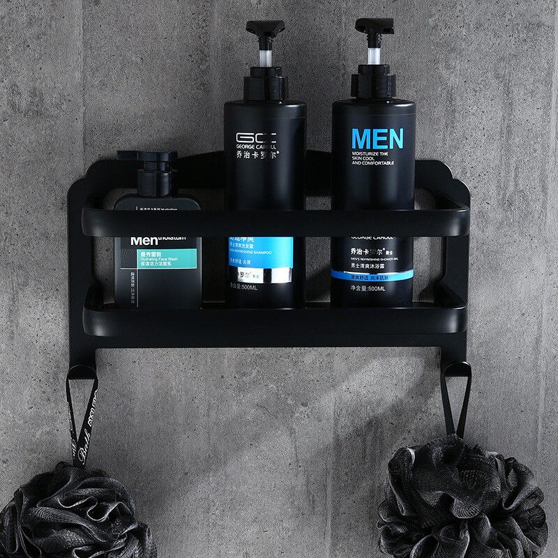 Badeværelseshylde aluminium brusebad shampoo sæbe kosmetisk hjørnehylder badeværelse opbevaring organizer rack sort mat med kroge hylde