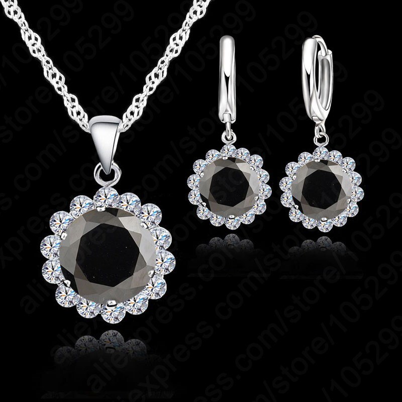 Wedding 925 Sterling Silver Jewelry Sets Women Round Crystal Pendant Necklace Earring Set Price 7 Color Be Chose: Model 41