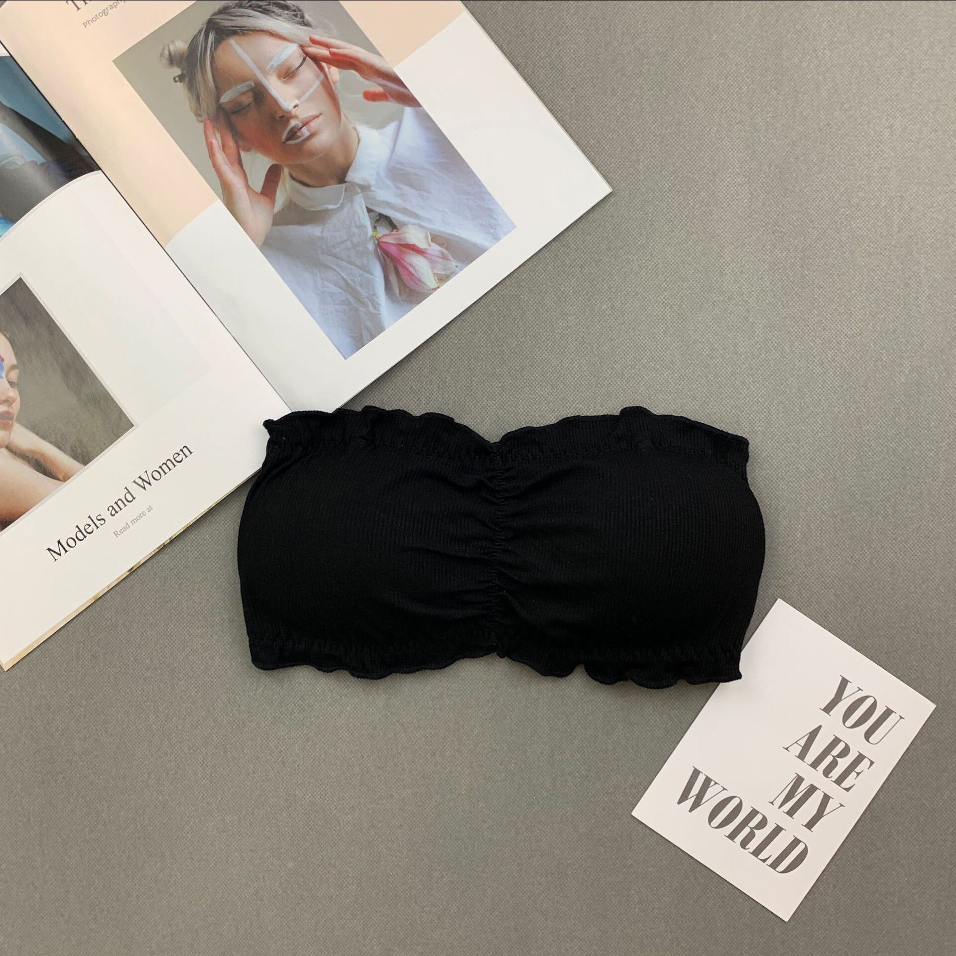 Mooie rug dames bh zonder stalen ring met rugbandgesp, één woord wikkel rond zonder bandjes, meisjes gewikkelde borst: Zwart