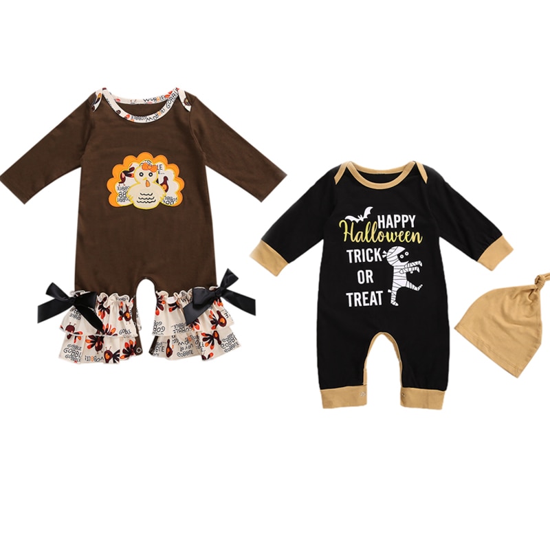 FOCUSNORM Autumn Kids Boys Halloween Rompers Cartoon Print Long Sleeve Jumpsuits Outfits 0-12M