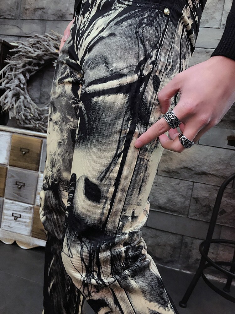 Menns skjønnhetsprintede jeans menn mager 3d mønster farget tegning paiting høy tøye ut denim bukser nattklubber sangere bukser
