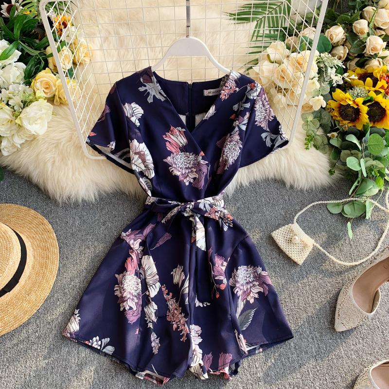 Mono Vintage bohemio ajustado con estampado floral para mujer, pelele Sexy informal con cuello en V para mujer, traje corto de estilo veraniego para playa y vacaciones,