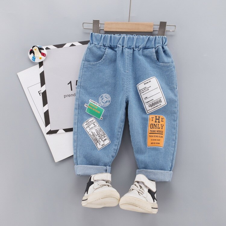 Autumn Baby Boys Denim Jeans Patchwork Casual Pants Children Kids Full Length Trousers: Blue / 3T