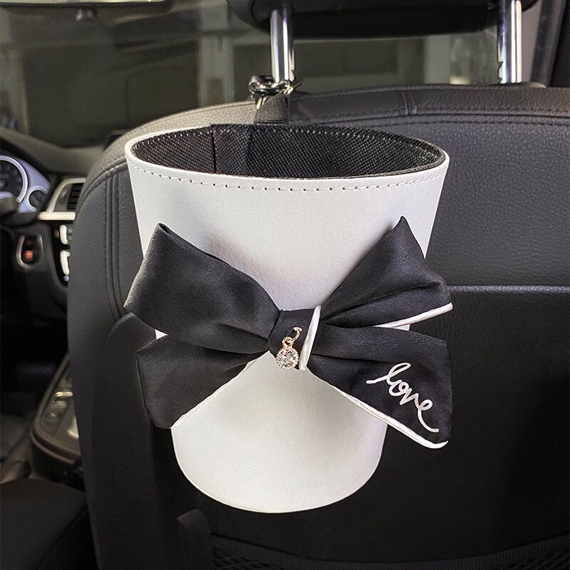 Sac poubelle à nœud papillon pour voiture, mignon, pour siège arrière, appui-tête, Mini sortie automatique, organiseur de ventilation, sac poubelle, boîte de rangement, seau: white stone bow