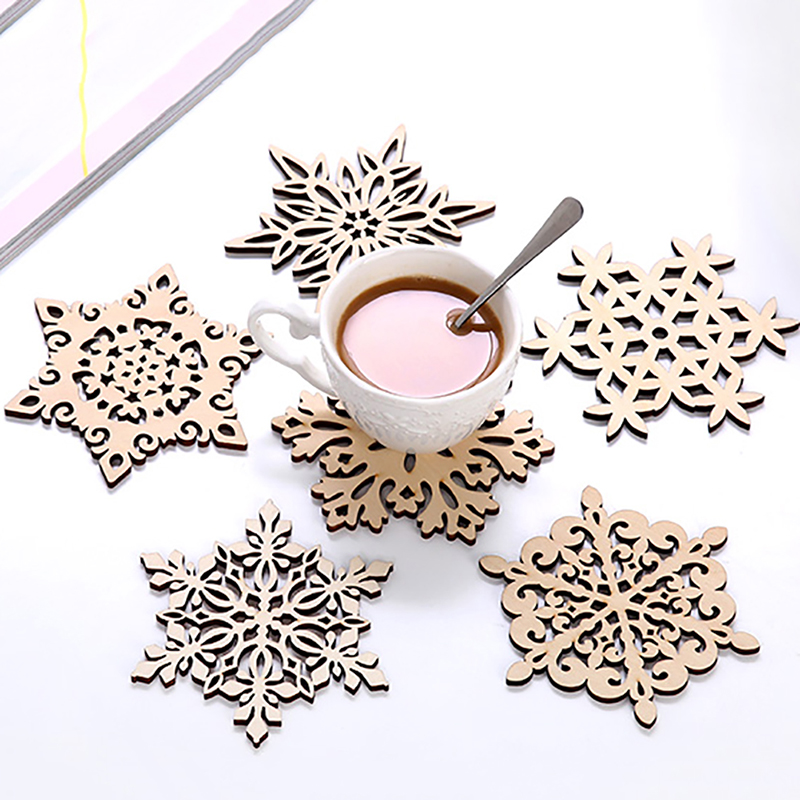 Miljøvenlig træ udskåret snefnug julekrus glasbrikker chic holder kaffe te drink kop måtte skrivebord dekoration varmeisoleret pude