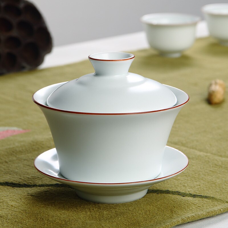 Jingdezhen Ding four mat blanc Browm jante en céramique blanche Gaiwan Gongfu thé brassage tasse avec couvercle Jingdezhen Gaiwan 160ml