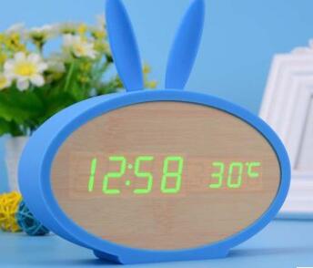 Digitale wekker, schattig, grappig, houten diy led-klok voor kinderen/meisjes met temperatuur voor de kinderkamer: Blauw
