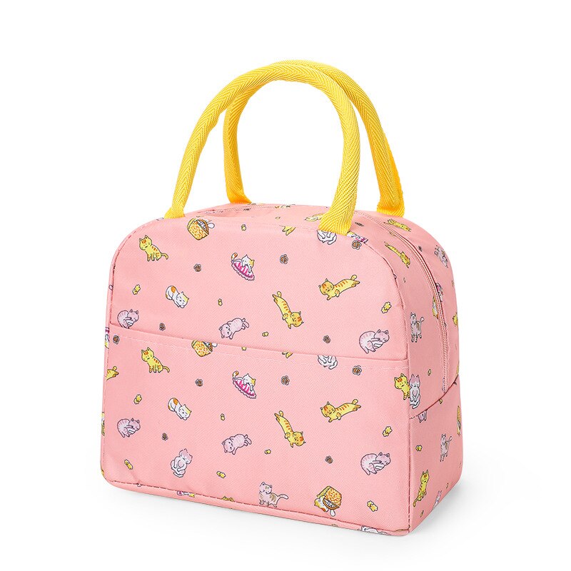Functional Cute Pattern Lunch Bag Portable Insulated Canvas Cooler Bog Thermal Food Picnic Lunch Bags For Women Kids: Pink Cat