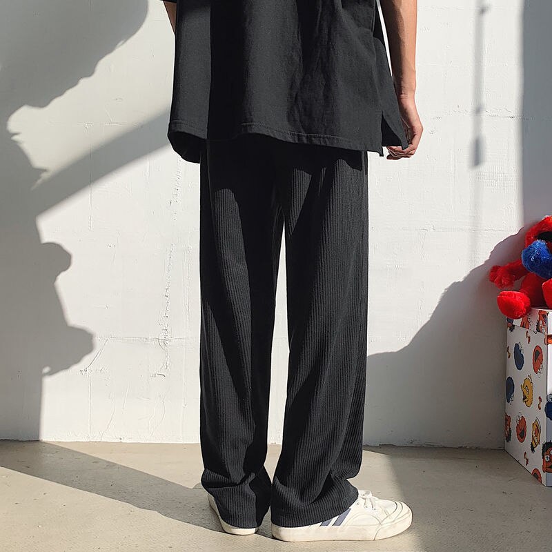 Geplooide Broek Mannen Mode Casual Wijde Broek Mannen Streetwear Koreaanse Lente Zomer Ijs Zijde Broek Heren Rechte broek: S / Black