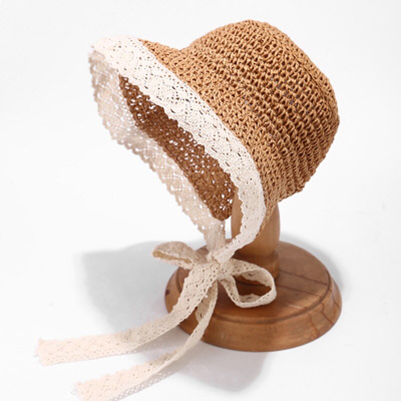 Barnhatt till stranden bebis flicka spetsrem solhatt handgjord hatt barn sommarresehatt loli flicka vikbar strandhatt med bandage: Kastanjebrunt