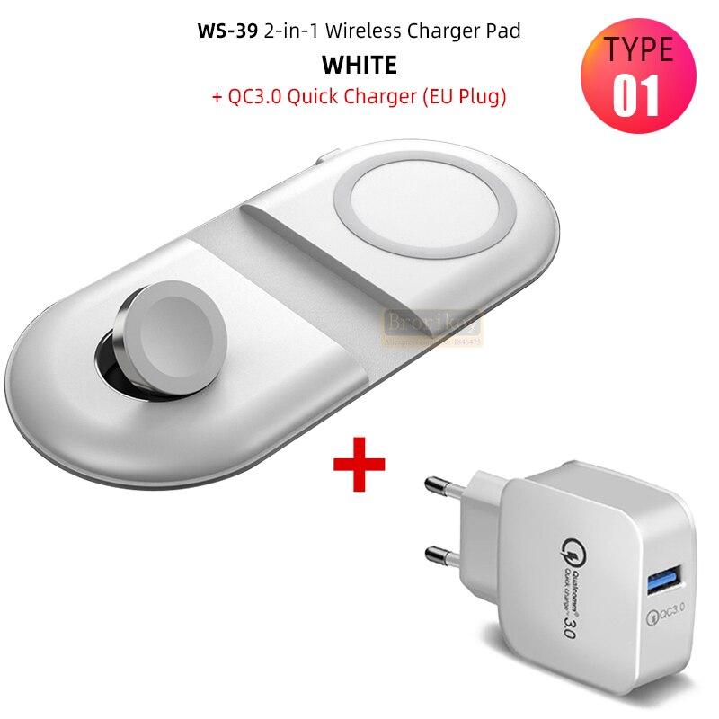 2 in 1 qi dual fast wireless charger pad for iphone 13 12 11 xs xr 8 airpods pro samsung  s20 s21 induction charging dock station: Type 1 white  qc3.0