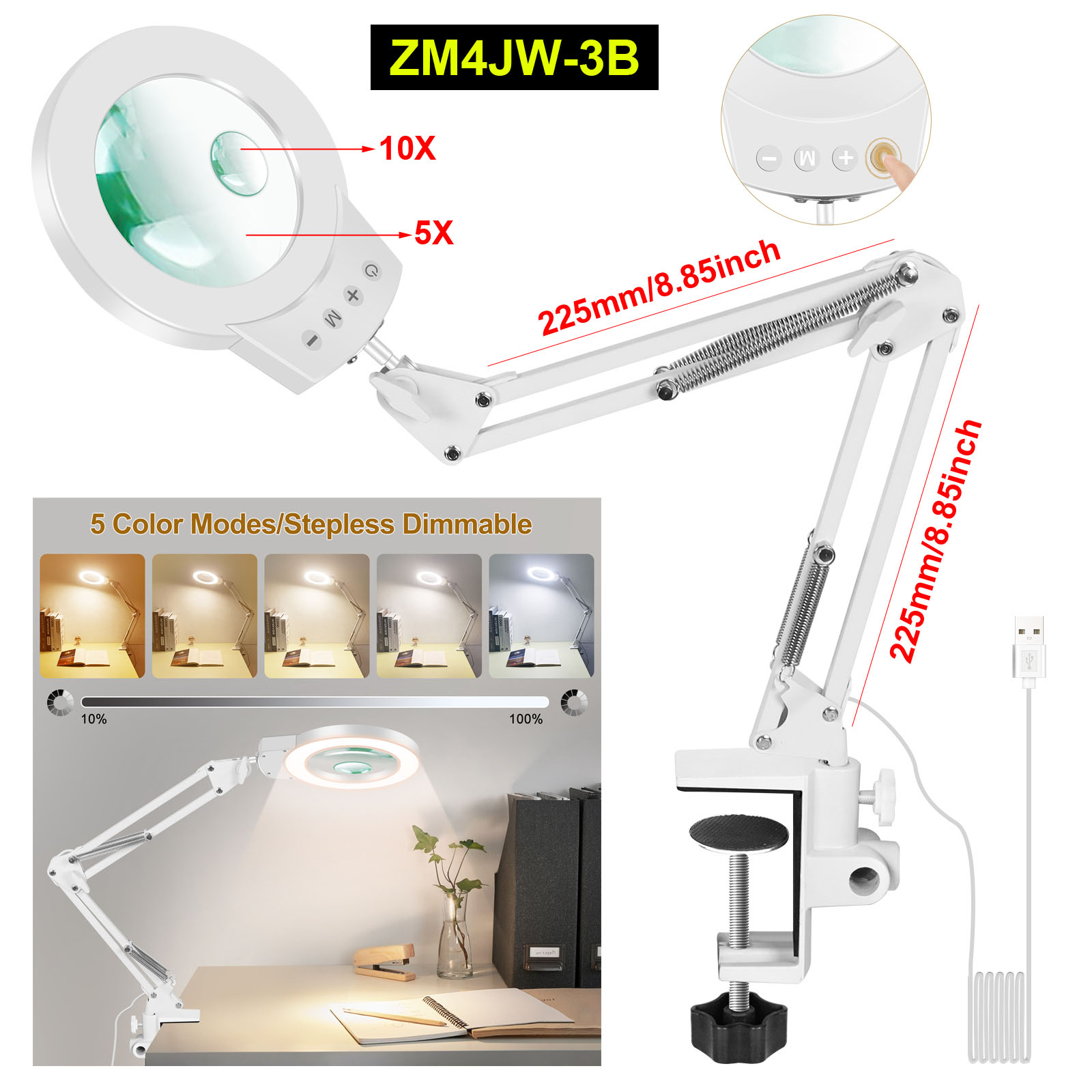 Lámpara de lupa de brazos oscilantes largos 5X/10X con luces LED de ajuste de 5 colores lámpara de mesa de lectura para reparación de soldadura trabajo cercano: Blanco