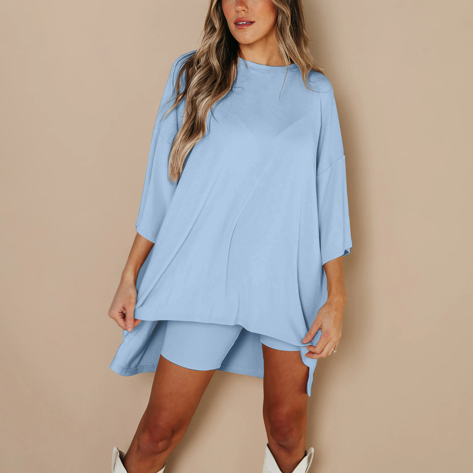 Ensemble Deux Pièces Haut et Short pour Femme, Basique, Polyvalent, Col Rond, Manches Courtes, Directe, 03/Life, Grande Taille: L / Bleu