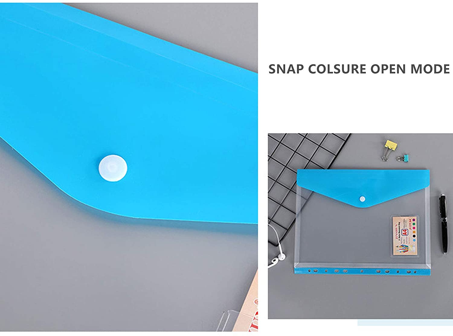 A4 Clear Plastic Punched Pockets with Button Closure for Home Office and School Files 11 Hole Binder Envelopes Folders Organizer