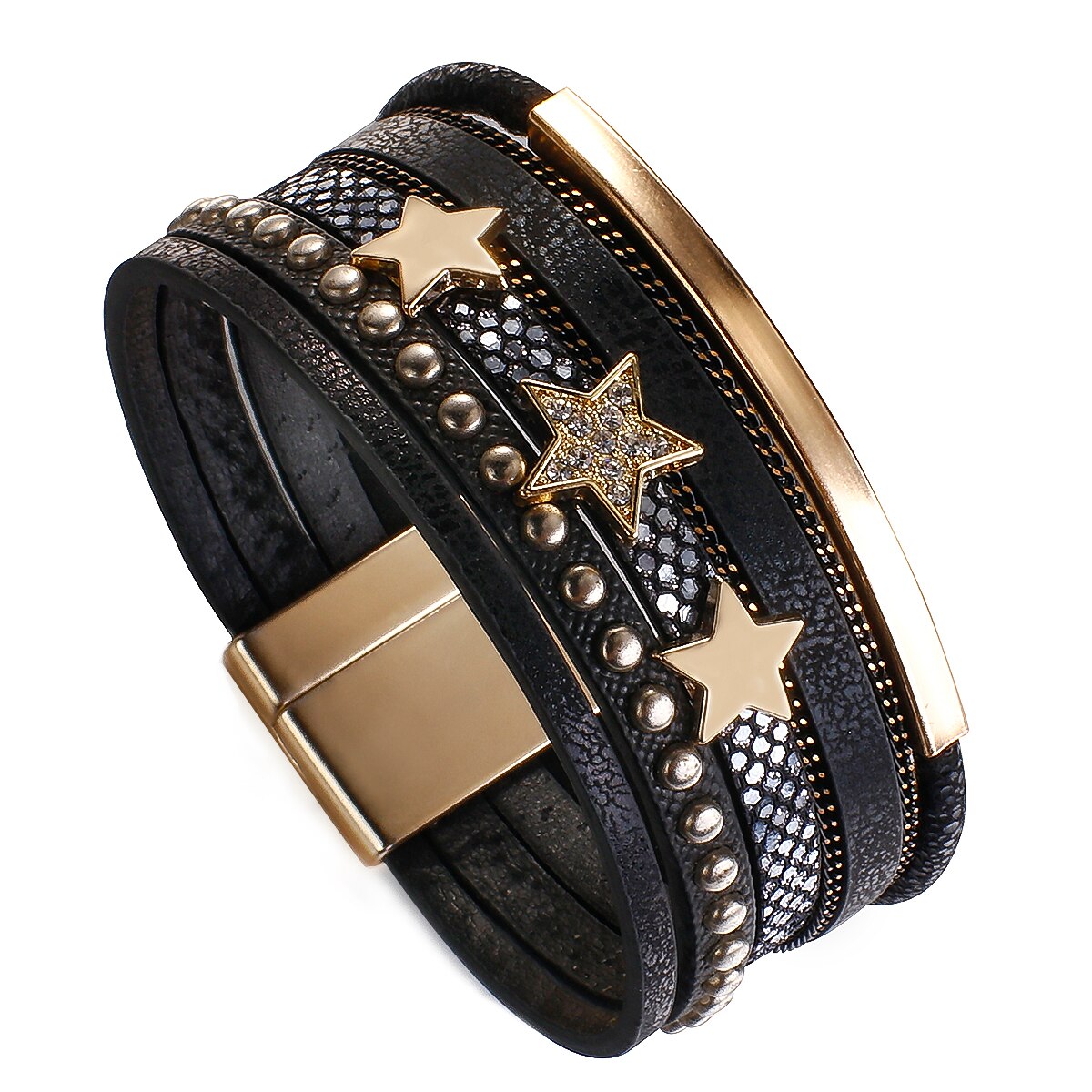Flashbuy Trendy Gold Color Stars Leather Bracelet for Women Multilayer Wide Wrap Bangles Couple Jewelry: 3