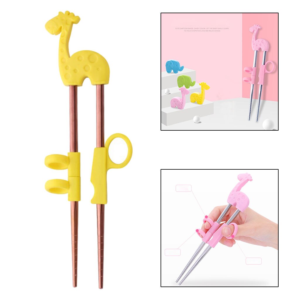 1Pair Stainless Steel Chopsticks For Kids Cartoon Learning Chop Sticks Reusable Training Chopsticks Cute Children Tableware Set: B Yellow Giraffe