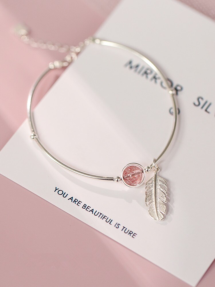 Pfirsich blossom erdbeere Perle Rosa Kristall feder Anhänger Silber überzogene armband armband weiblichen