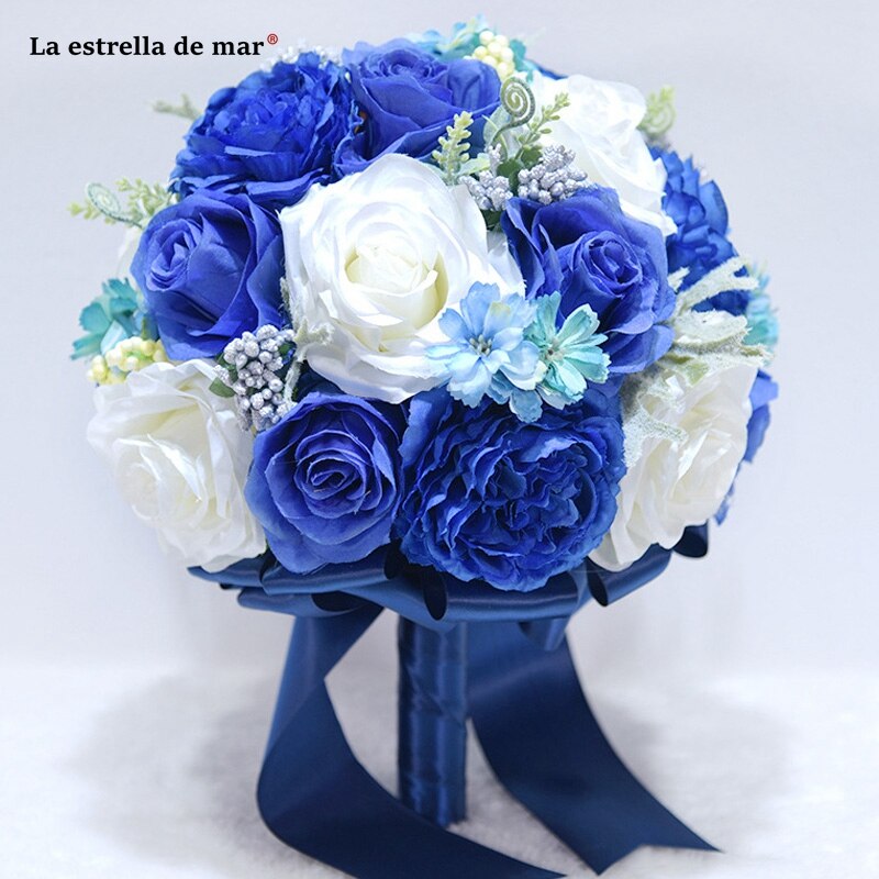 Bruidsboeket Voor Bruid Blauw Lint Zijde Kunstmatige Rose Pioen Bruid Decoratie Broche Bouquet