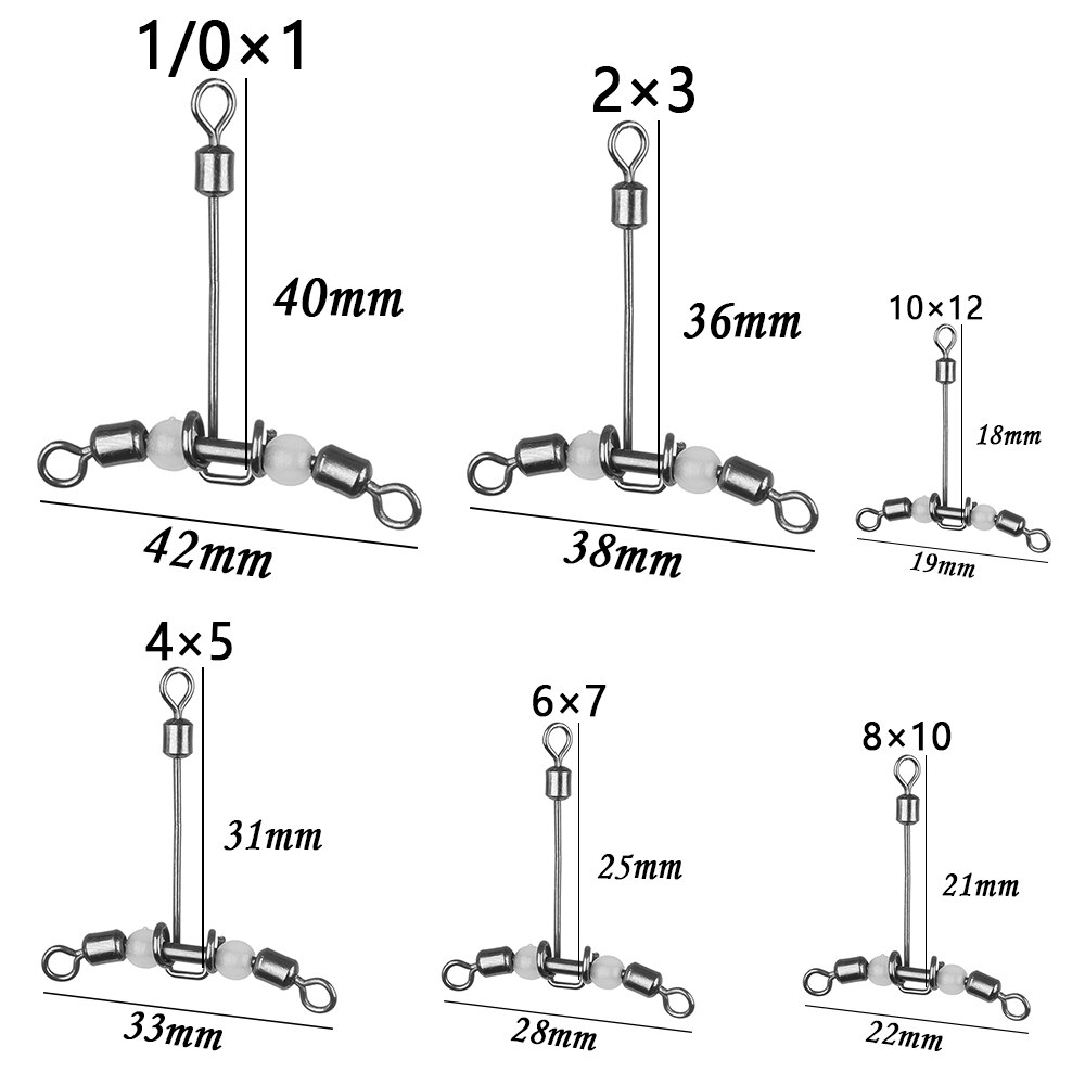 5Pcs Luminous T-Shape Fishing Swivels 3 Way Connector Rolling Swivel With Pearl Trident Wivels Bearing Splitter Brass Barrel