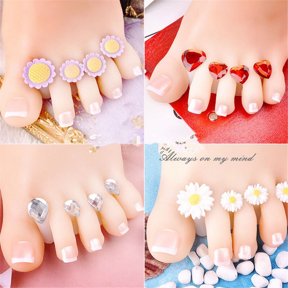 Separador de dedos de silicona suave para el cuidado de los pies, separador de dedos, margaritas, flores, perlas, corazón, diamantes de imitación, herramientas de pedicura, 8 Uds.