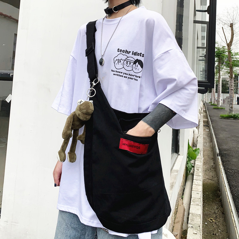 Multi-Functionele Vest Korea Harajuku Street Style Grote Capaciteit Crossbody Tas Voor Vrouwen Zwart Cotten Messenger Bag Mannen Vest