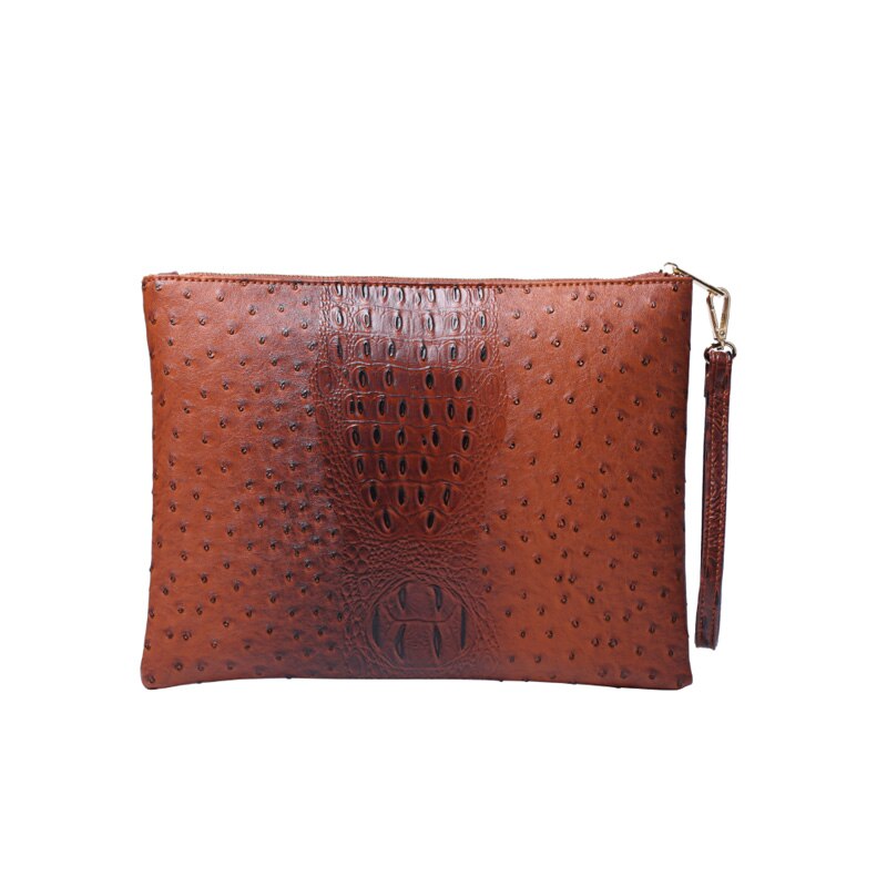 Ostrich Maroon Leather Clutch Handbag Python Women Laptop Bag For Macbook Pouch Bag With Short Wristlet: Brown small