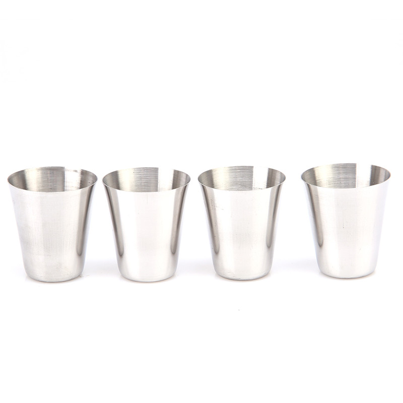 Taza de acero inoxidable para acampada, 4 Uds. De 30ML, 70ML, 180ML, taza para acampar y hacer senderismo, taza de té y café y cerveza con bolsa negra