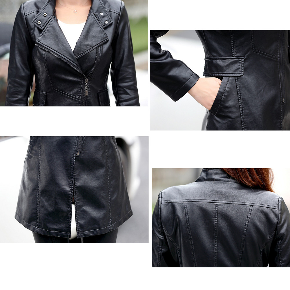 Leather Coat Jacket Women Slim Patchwork Long Female Jacket PU Motorcycle Autumn Winter Outerwear